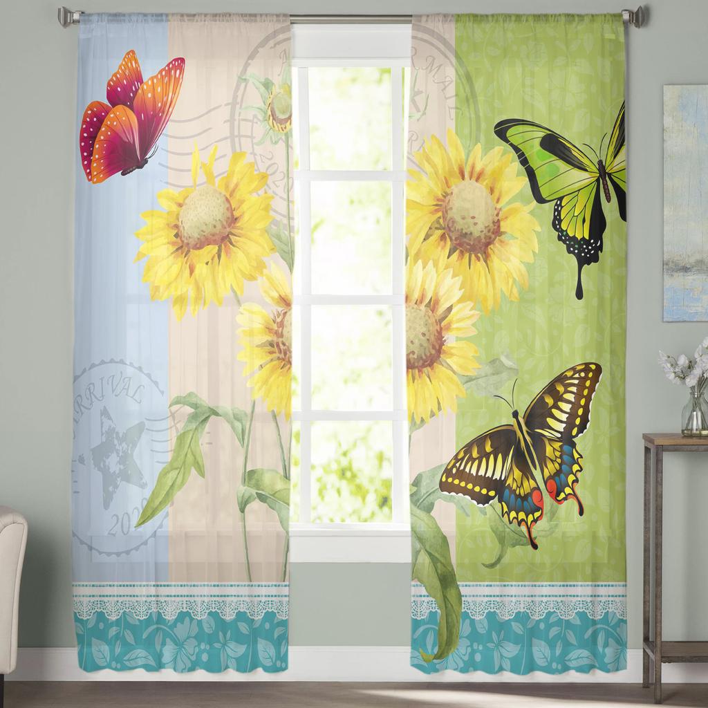 Flower Sunflower Butterfly Postmark Tulle Window Treatment Sheer Curtains for Living Room the Bedroom Curtains Decoration