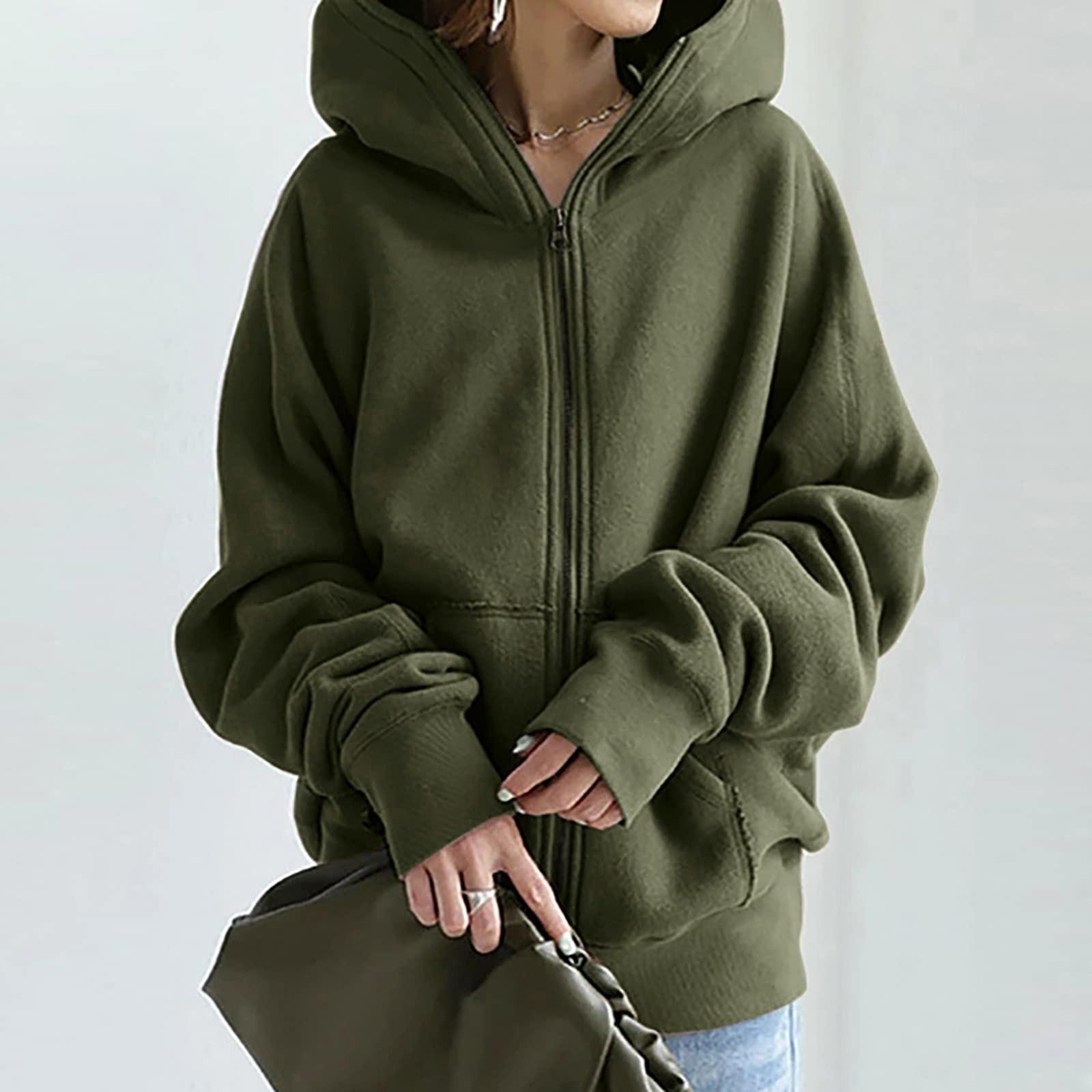 

Womens Full Zip Up Plus Size Hoodie Winter Oversized Long Sleeve Hooded Sweatshirt Warm Loose Outwear XXL
