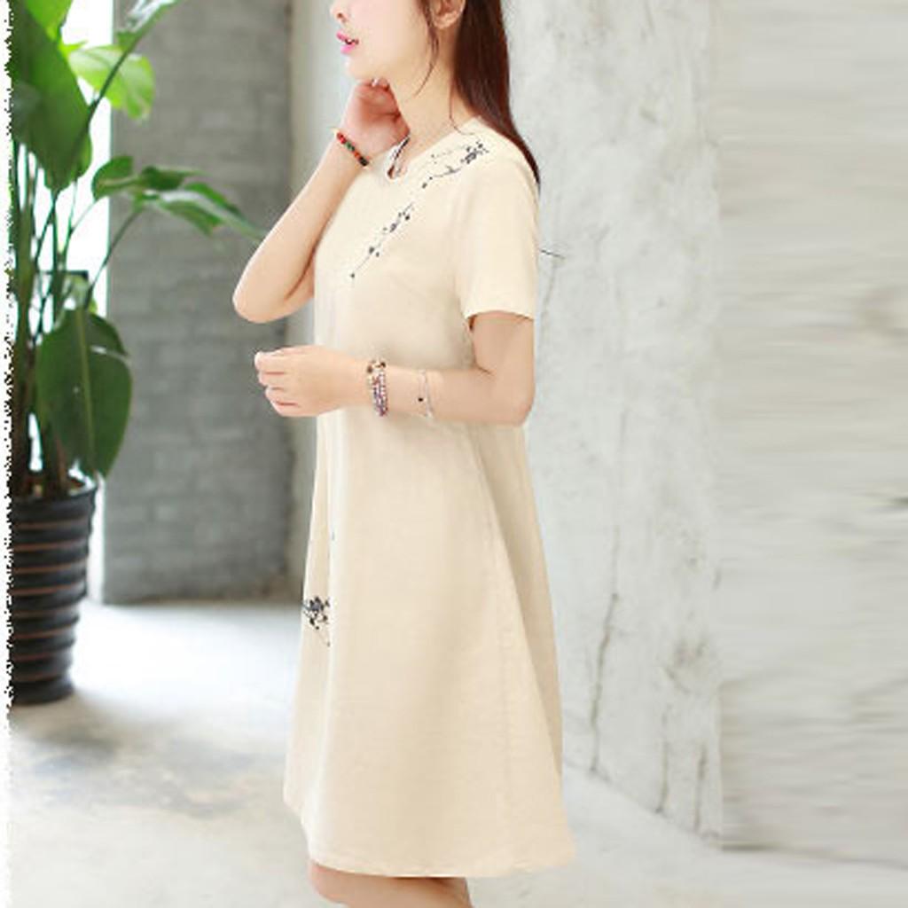 Fashion Women Summer Short Sleeve  knee length Printing Dress