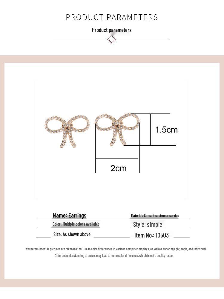 Elegant Bow Micro-inlaid Diamond Stud Earrings - Pure Copper, Creative Fashion Style