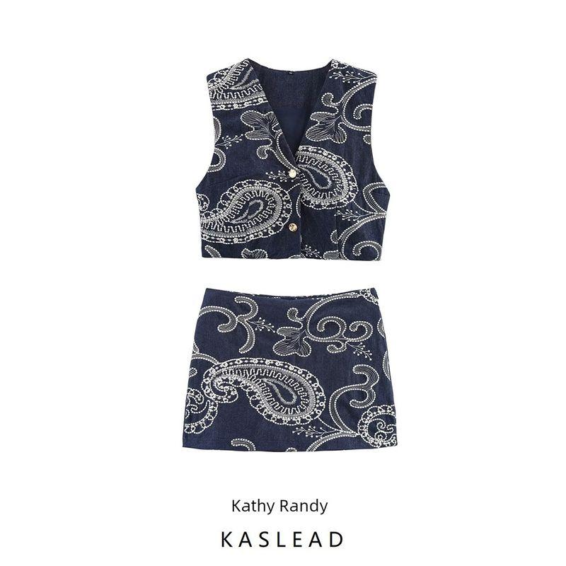 Kaslead New Women clothes Western Style Embroidered Vest Short Jacket Culottes 3380921 3367921