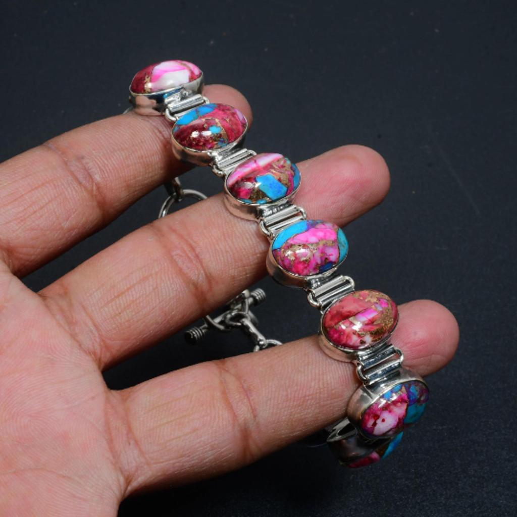 King Man Pink Spiny Oyster Natural Bracelet Pink Spiny Oyster Gemstone Handmade 925 Sterling Silver Bracelet Gemstone Bracelet For Gift