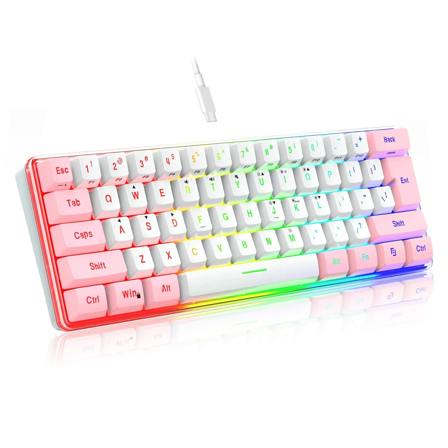 

Сверхкомпактная игровая клавиатура с 61 клавишей и 60% RGB-подсветкой — эргономичная механическая тактильная клавиатура с щелчком мыши для Windows и ПК-геймеров (Белый розовый) розовый