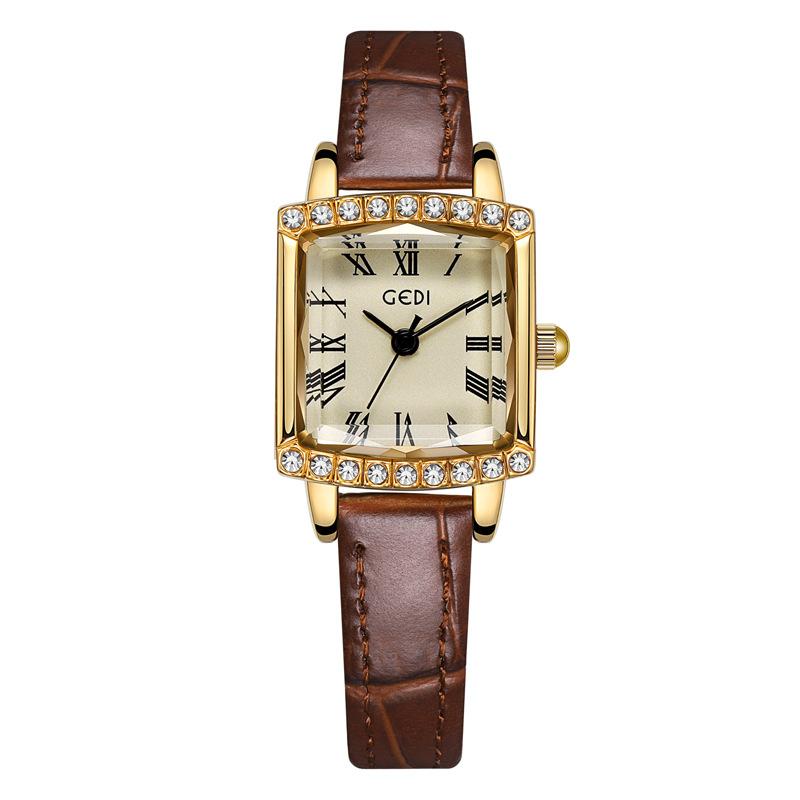 Light Luxury Temperament Niche Leather Women'S Watch Retro Square Diamond-Encrusted Student Watch High Value Small Sugar Cube Watch