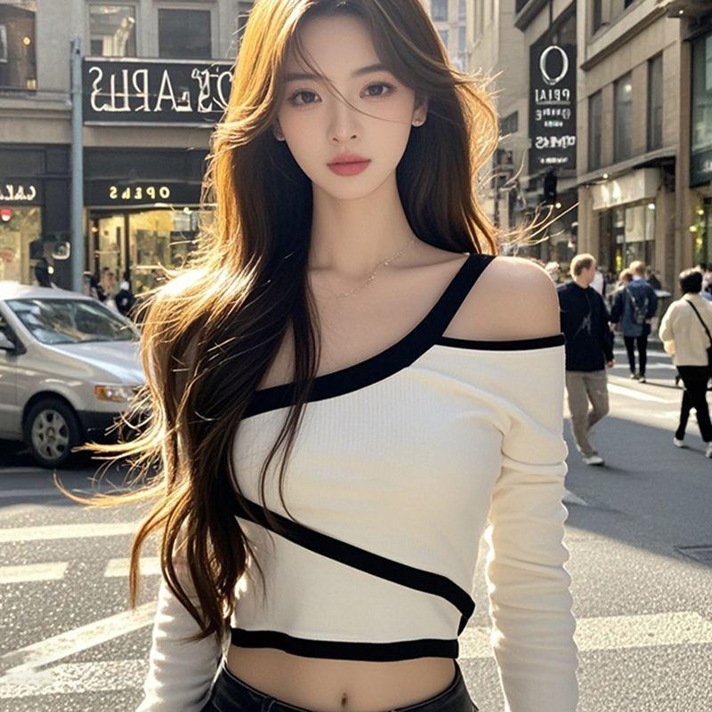 2024 Slim Fit Hollow Out Off-Shoulder Long-Sleeve T-Shirt for Early Autumn Fashion