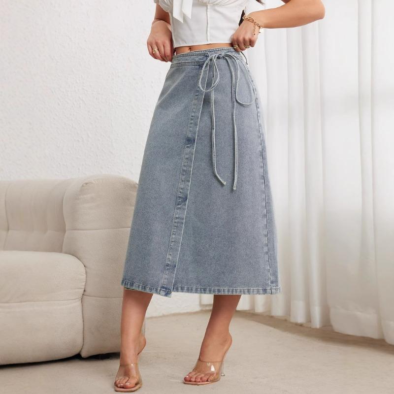 Damen S Denim Midi Rock Wickelstil Schlitz Locker Elegant Vintage