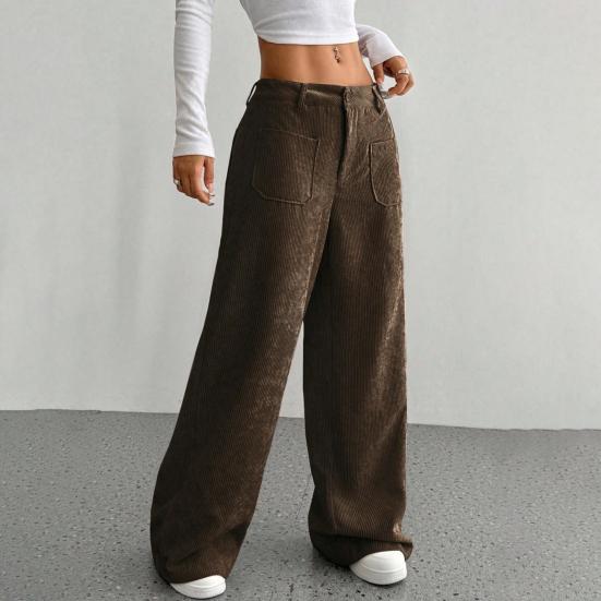 Damesbukser Lav midje Glidelås Knappgylf Rette Vide ben Lange Bukser med Lommer Ensfarget Ribbestrikket Fritidsbukser