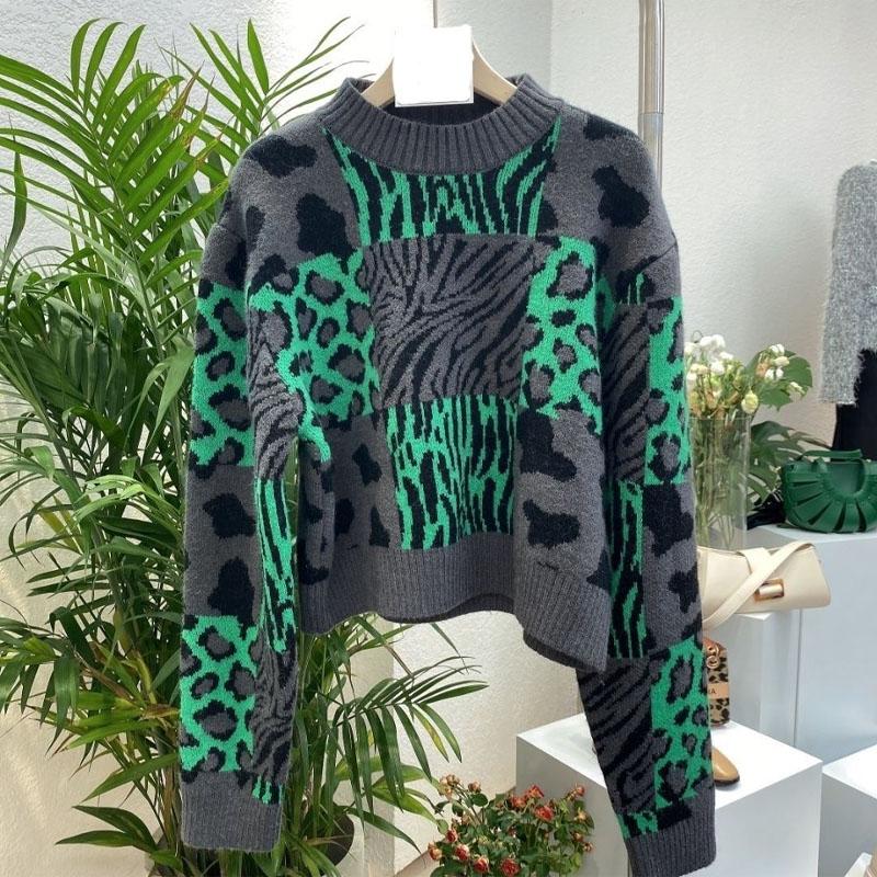

New Winter Fashion Brand Retro Leopard Pattern Half High Neck Thickened Loose Versatile Western Style Slimming Women s Sweater XL зелёный