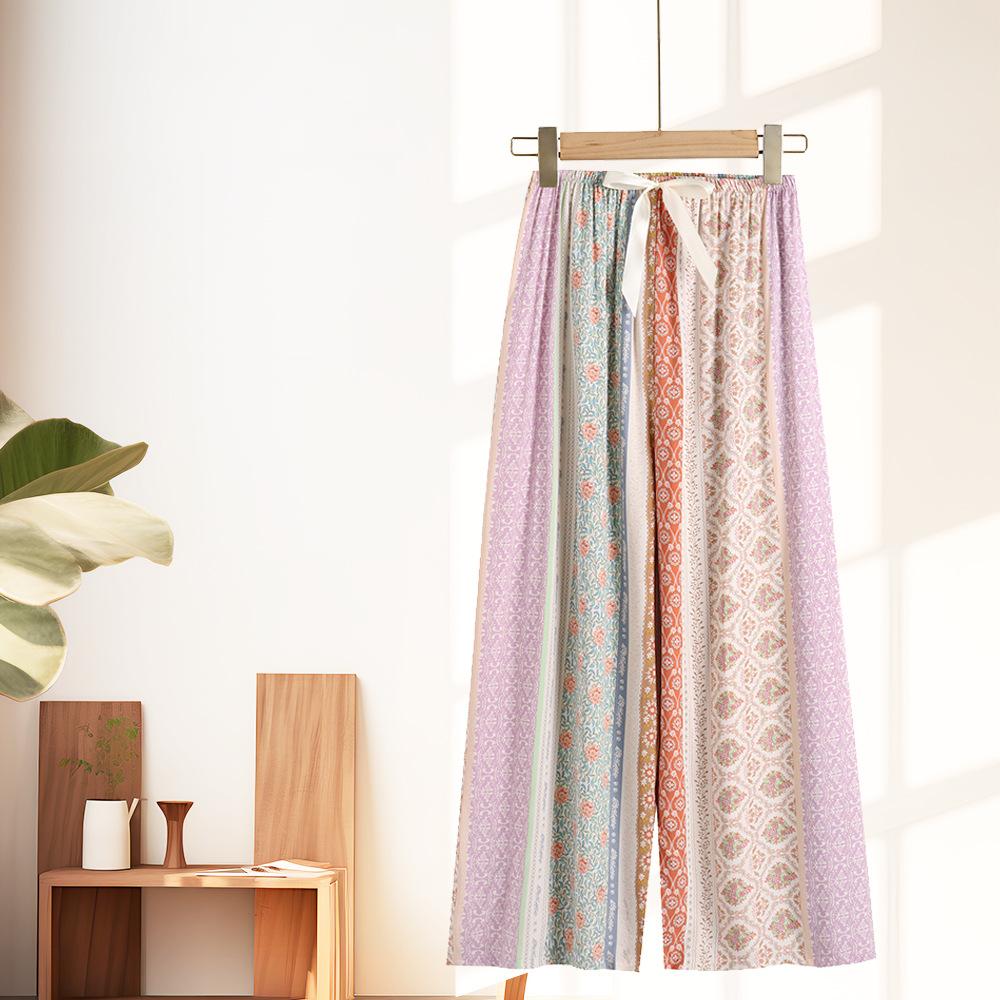 Women's Pajama Bottoms Floral Print Cuff Pants Wide Leg Pj Pants Elastic Waist Sleep Pants Loungewear Nightwear