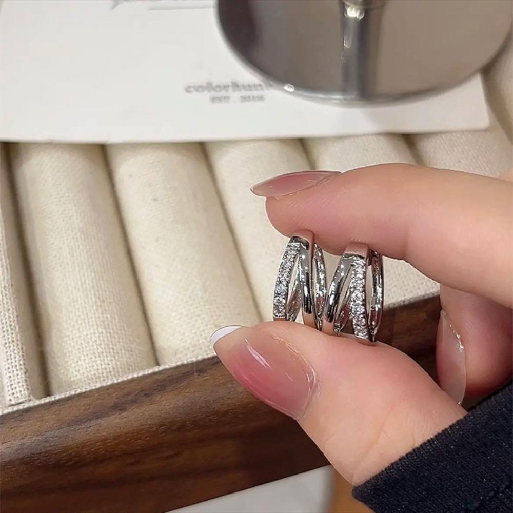 Exquisite Simple Geometric Double Circle Crossing Shiny Zircon Hoop Earrings for Women Stainless Steel Jewelry Accessories Gift