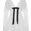 French Elegant High-end Bow V-neck Pleated Slim-fit White Dress for Women - Autumn Style