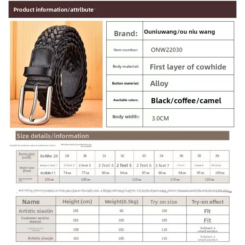 Meimeier Handmade woven leather belt - men's genuine top grain cowhide casual retro pin buckle belt