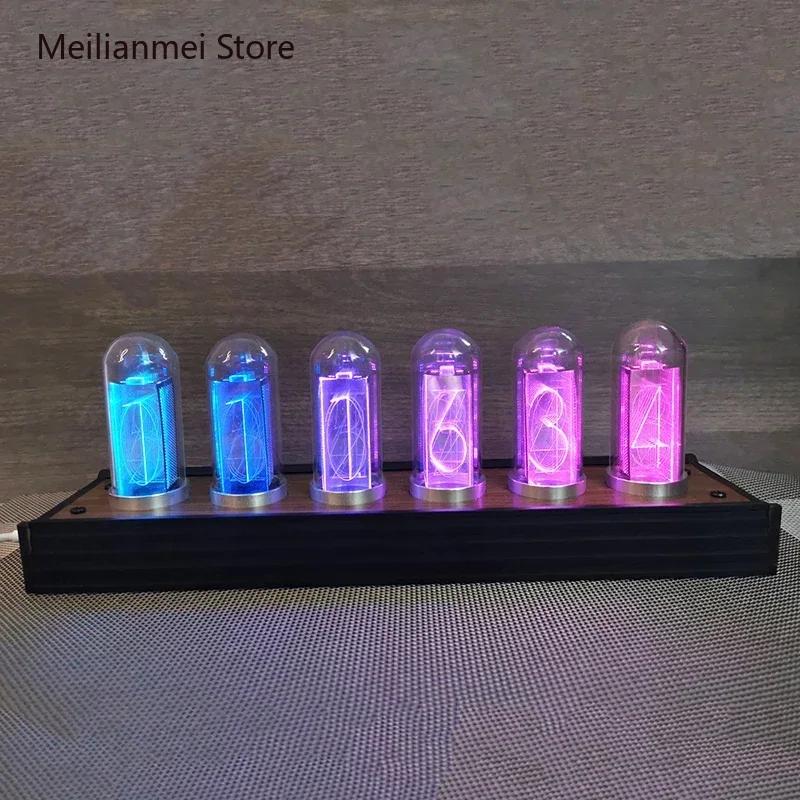LED Glow Nixie Tube Clock Metal Wood Table Clock Silent Vintage RGB Digital Watch Alarm Electronic Desktop Clocks Gift Ideas
