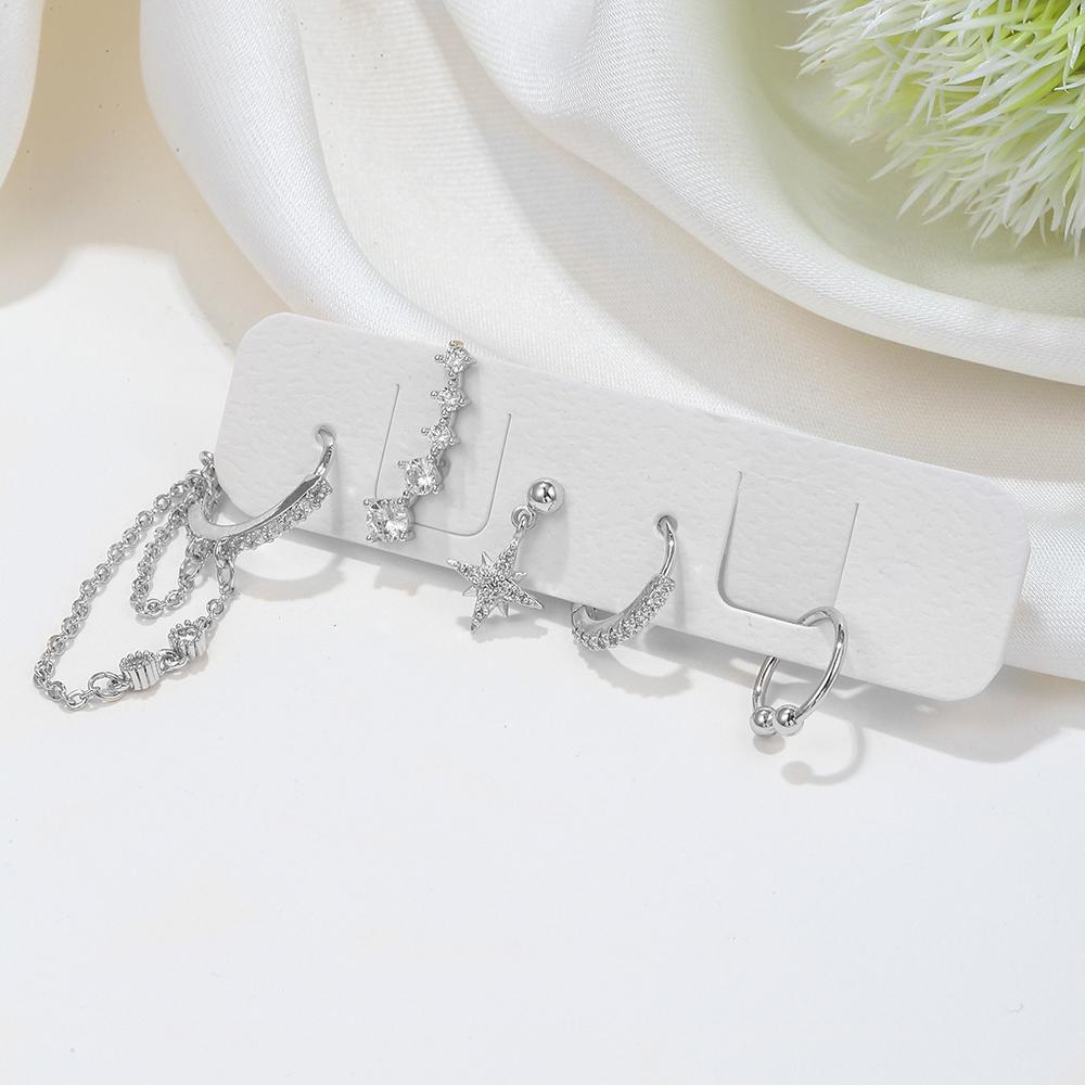 2PCS New Fashion Gold Color Crystal Zirconia Chain Hoop Earrings Women Small Pendant Star Ear Cartilage Earring Piercing Jewelry