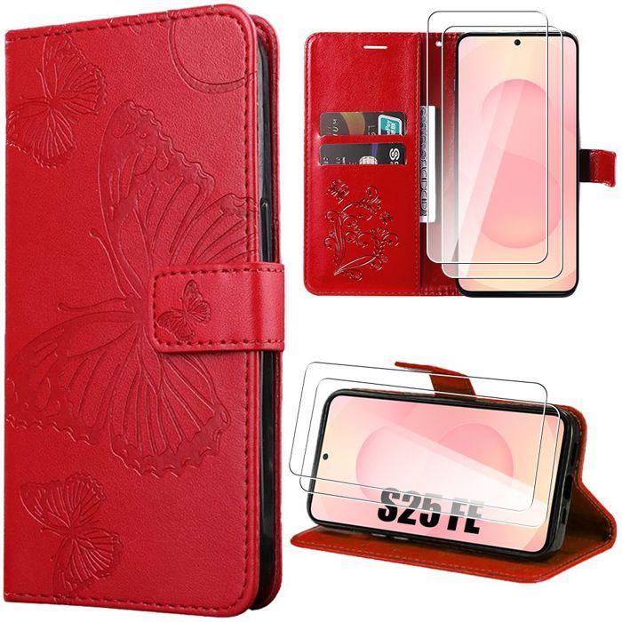 Coque de Protection - BOOLING - pour Samsung Galaxy S25 FE - Cuir PU Rouge Motif Papillon - 2 Vitres