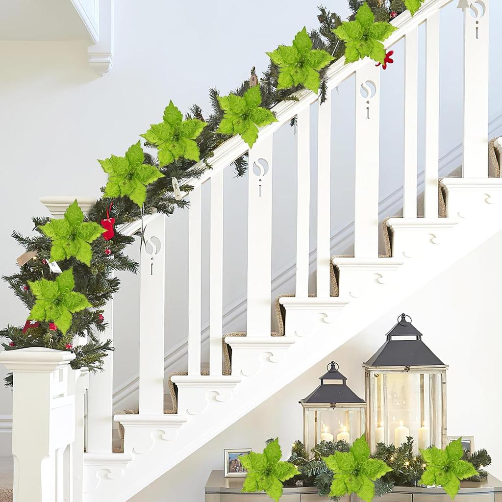 11'' Wide Glittery Christmas Poinsettia Flowers, 6pcs Velvet Poinsettia Flower Picks Glitter Poinsettia Christmas Tree Ornaments, Artificial Flower