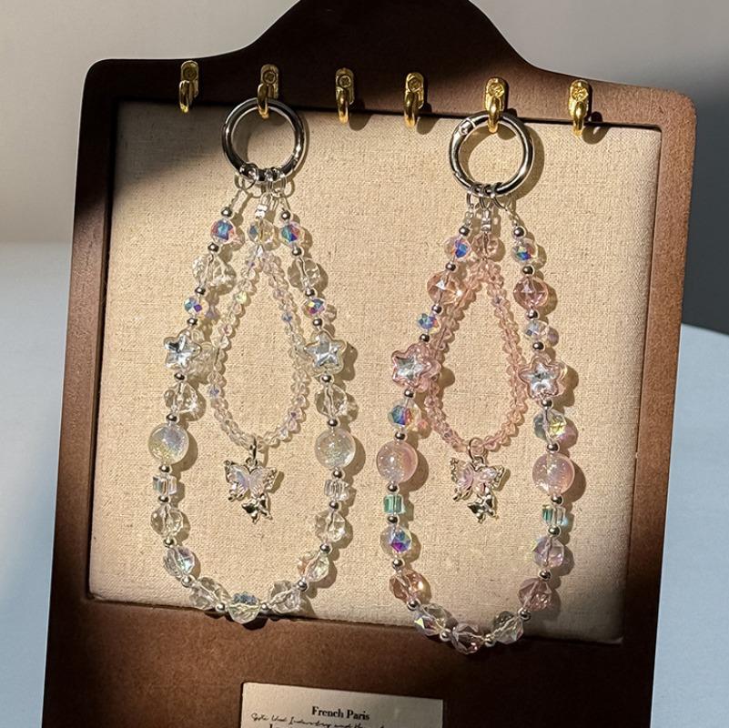 Stylish Bling Crystal Beads Butterfly Phone Strap Charm Keychain Pendant Bracelet Airpods Accessories Women Girl Hanging Cord