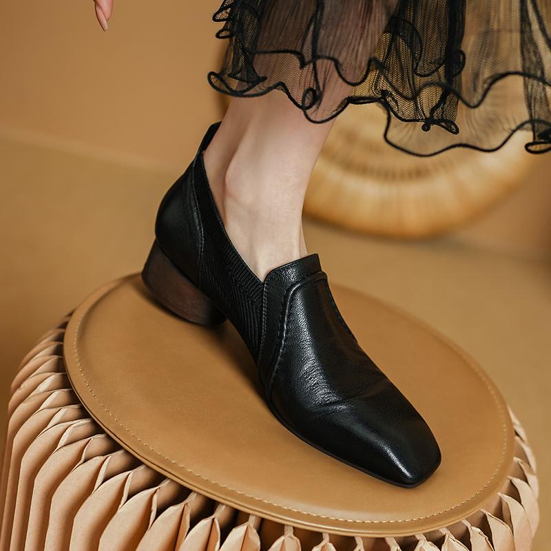 Fashion 2025 Autumn New Genuine Leather Soft Work Shoes Women High Heel Stretch Square Toe Slip on Brown Khaki British Style Heels Women