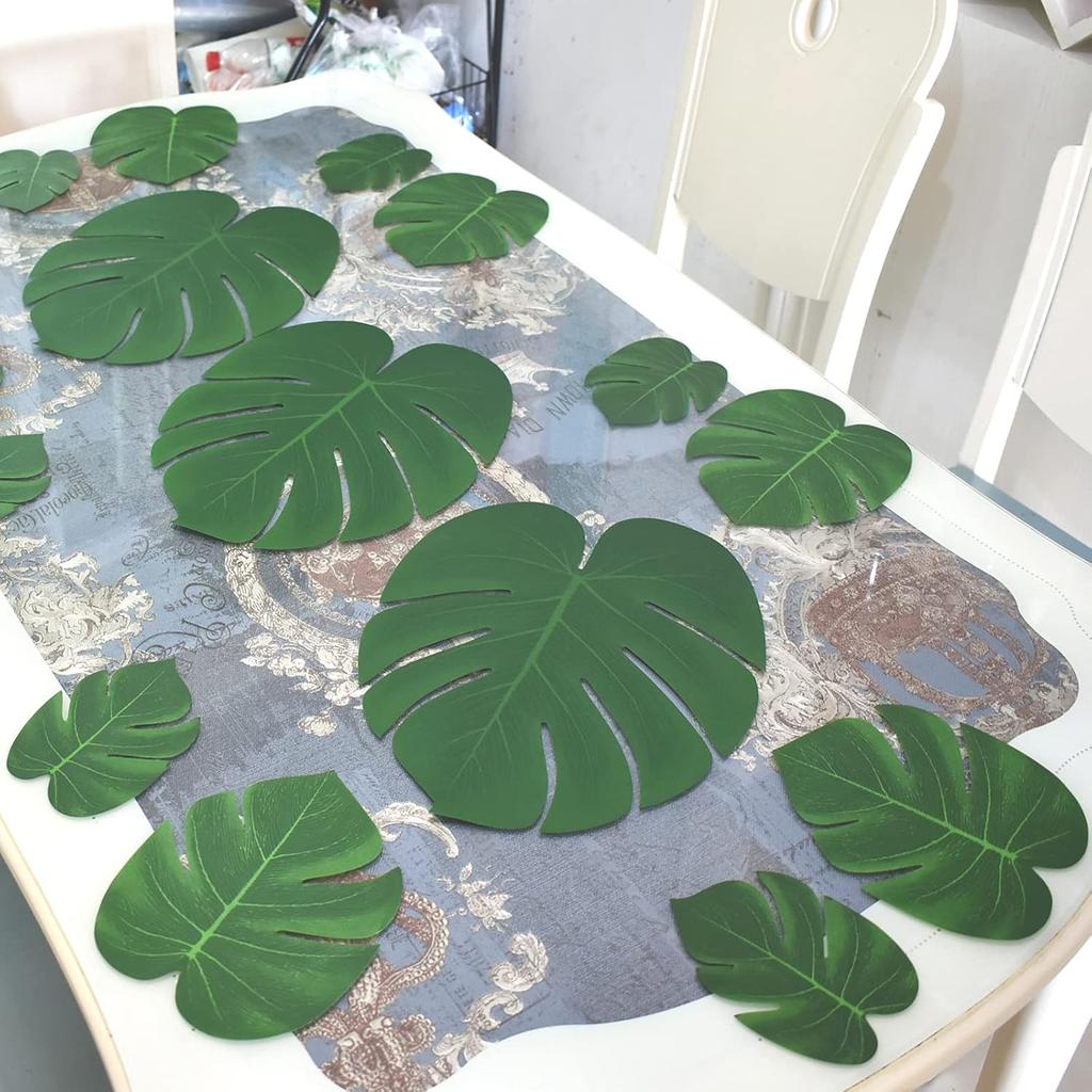 Maydahui 30 PCS Tropical Artificial Palm Leaves Monstera Party Decoration 3 Size Large Medium Small for Hawaiian Luau Party Jungle Beach Theme Table