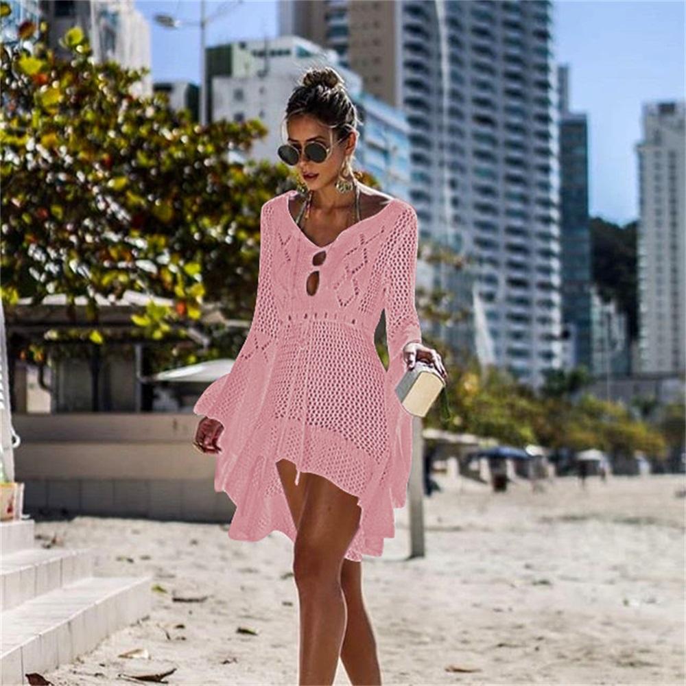 2025 New Beach Cover Up Bikini Crochet Knitted Tassel Tie Beachwear Summer Swimsuit Cover Up Sexy See-through Beach Dress
