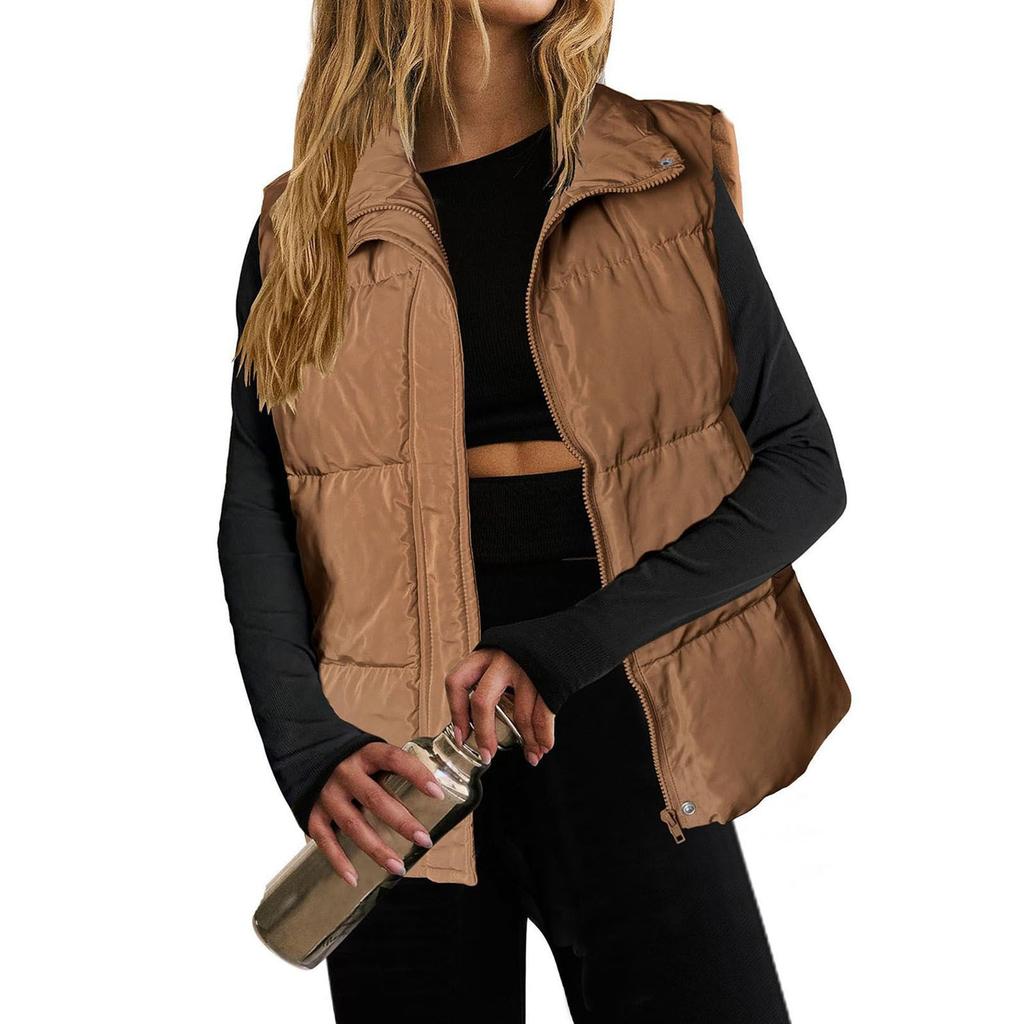 Women's Fashion Casual Solid Color Print Autumn Winter Sleeveless POLO Neck Jackets & Coats