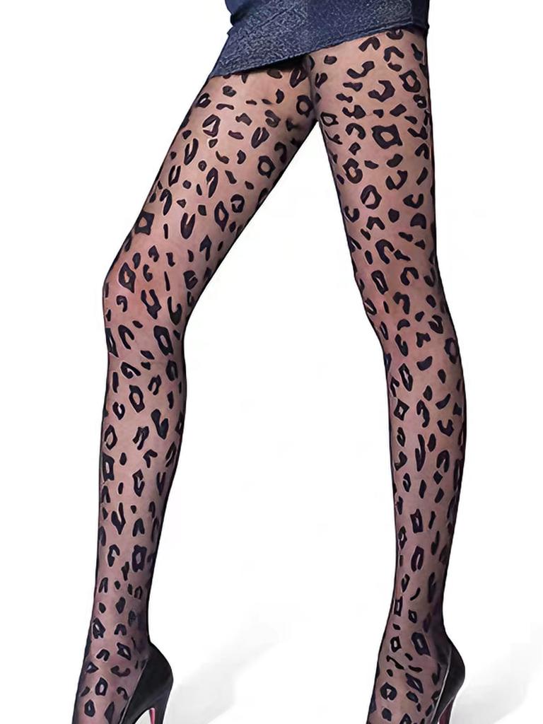 1 PC Black Leopard Print Cutout Pantyhose Women Sheer Slim-Fit Retro Style Commute/Tea/BFF Date, Halloween Party/Christmas Gathe