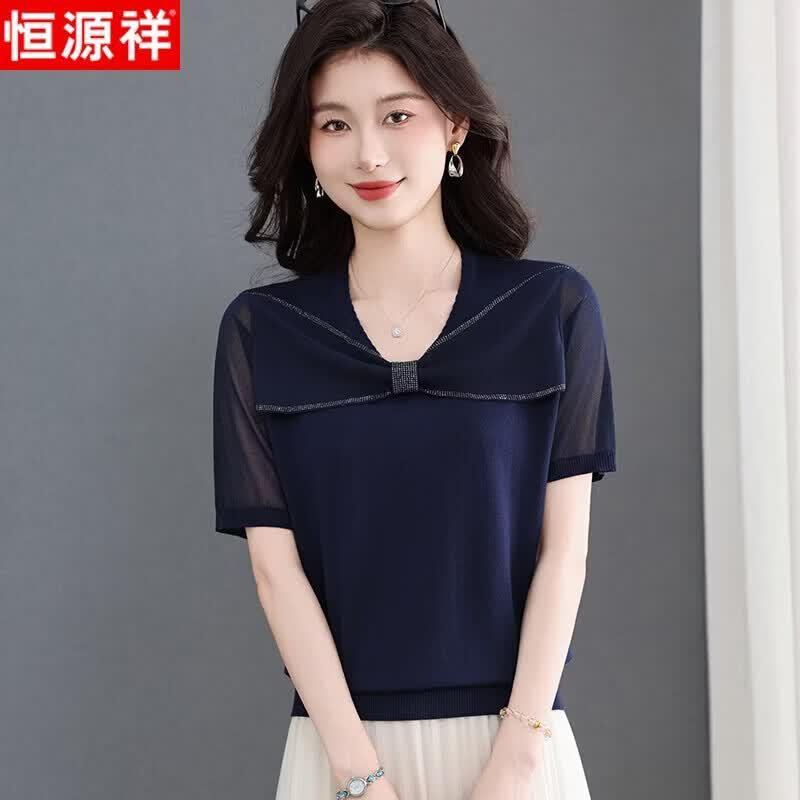 Hengyuanxiang Women s Knit Short Sleeve T-Shirt with Mesh & Bow L