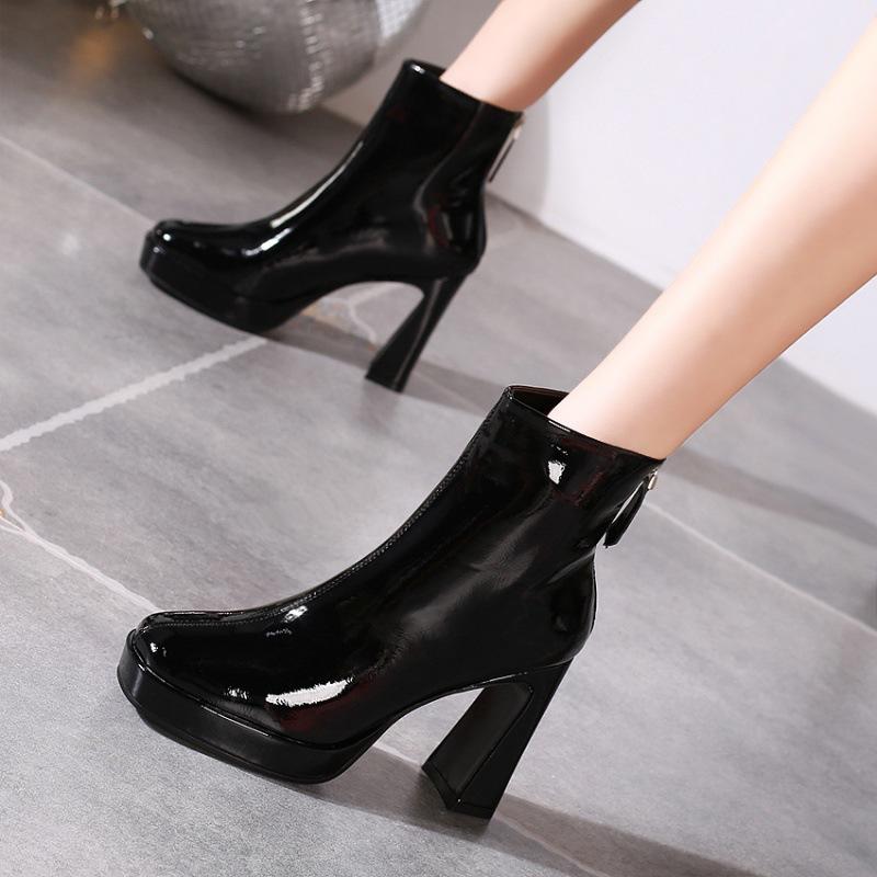 Fashion New Patent Leather Ankle Boots Women Winter Autumn Square High Heel Zipper Boots Square Toe Woman Shoes Black 39
