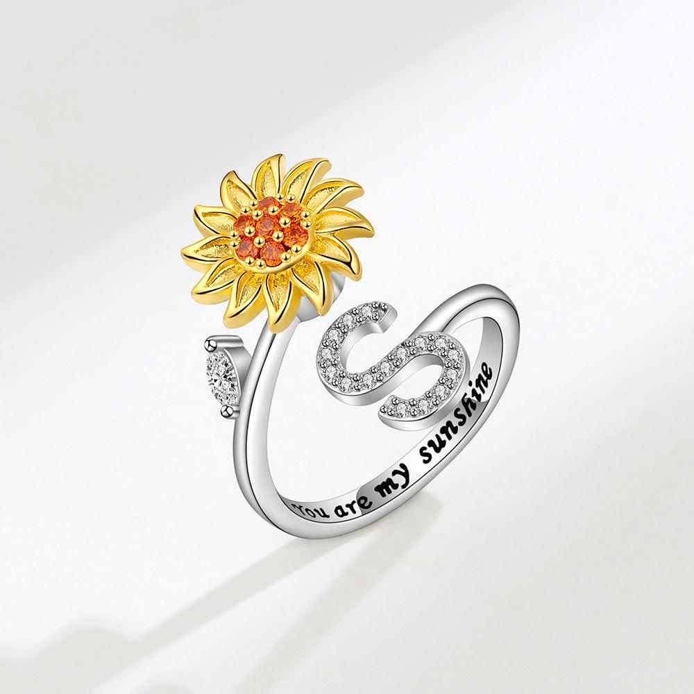 Creative Sunflower Rotating Ring 26 Letters Adjustable Open Design Women's Fashion Finger Jewelry Daily Wear & Gift Accessories