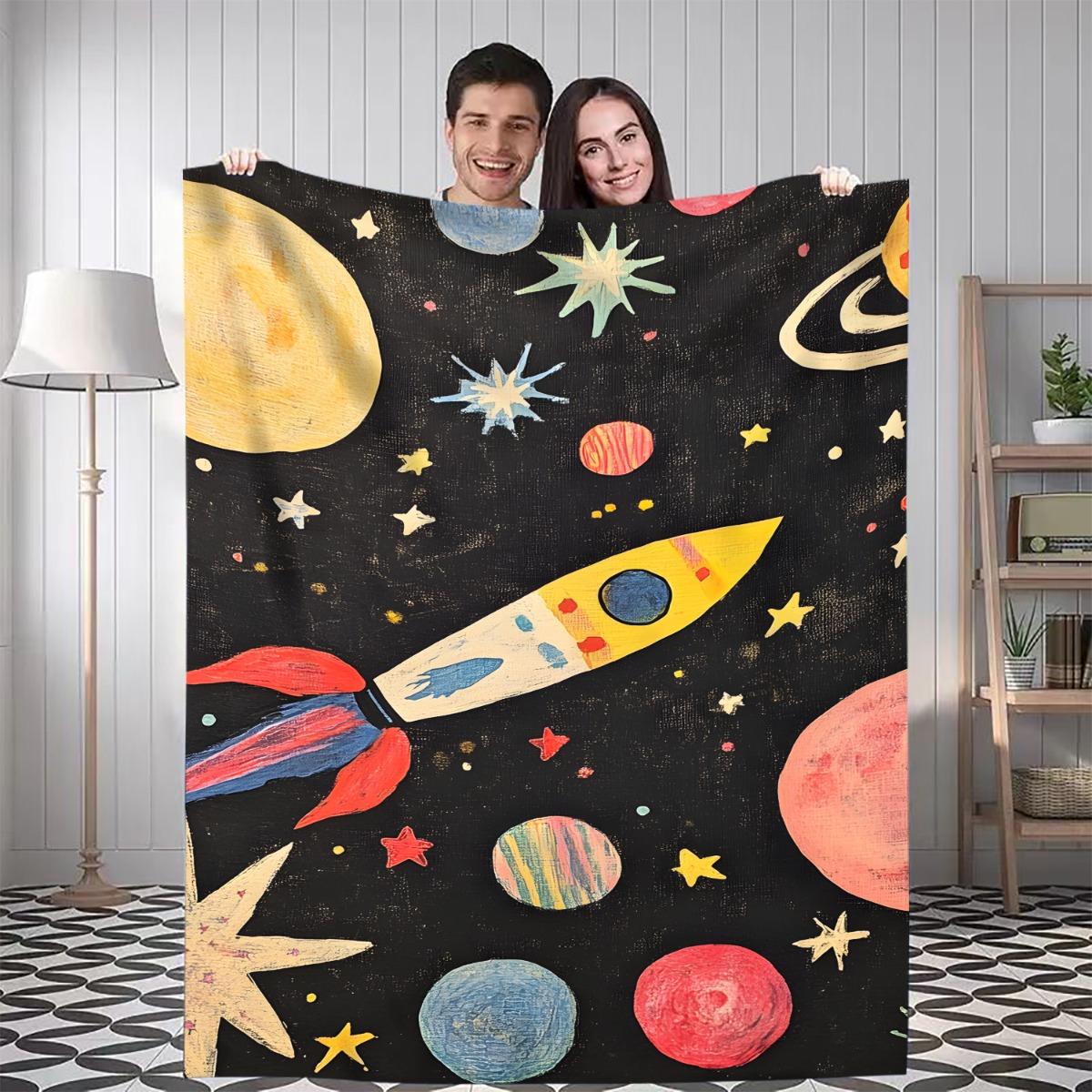 1pc Space Rocket Digital Printed Design Blanket - All-Season Soft Flannel Throw with Vibrant Astronaut & Rocket Print 75x90cm28x35in