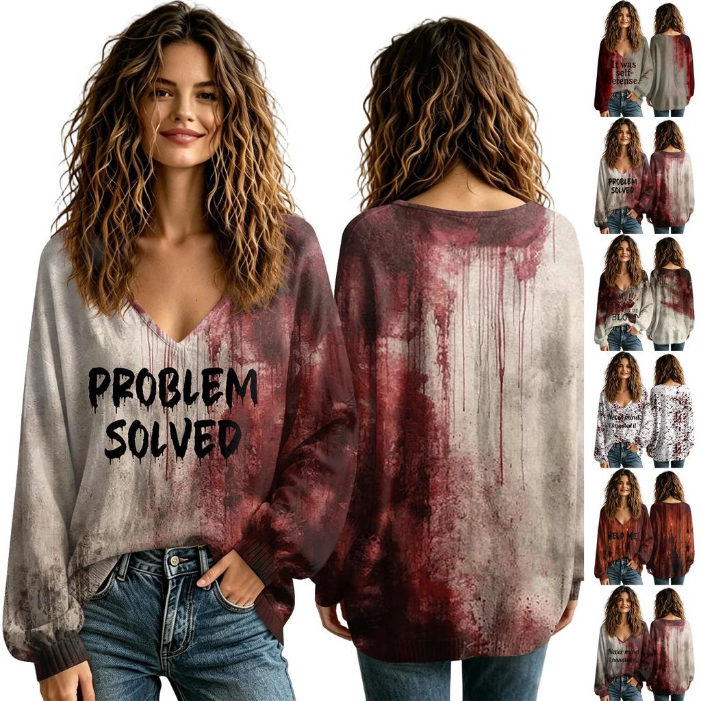 Women's V-Neck Halloween Shirt for Fall, Seasonal Top for Ladies