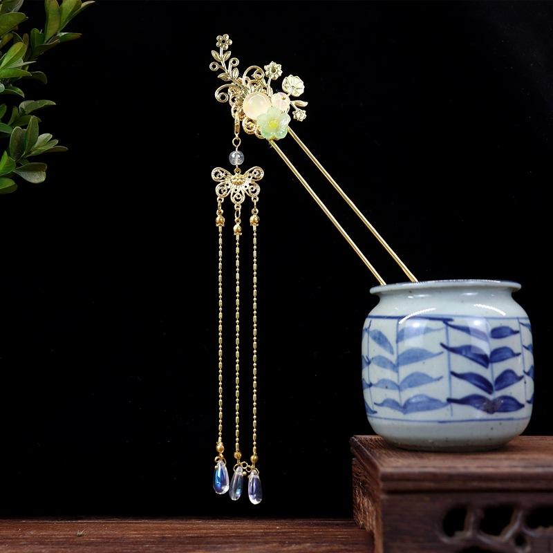 Handmade Retro Fairy Long Fringed Hairpin, Step Hairpin, Women's Ancient Costume Disc Hair Hairpin, Ancient Hanfu Headgear Accessories