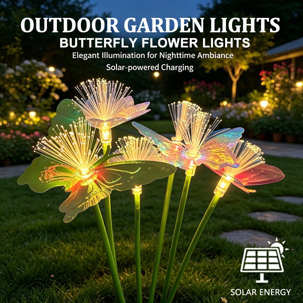 Colorful/Warm Solar Butterfly Flower Lights Fiber Optic LED Garden Stake Lights Waterproof Outdoor Decor for Yard Lawn Patio 2pack