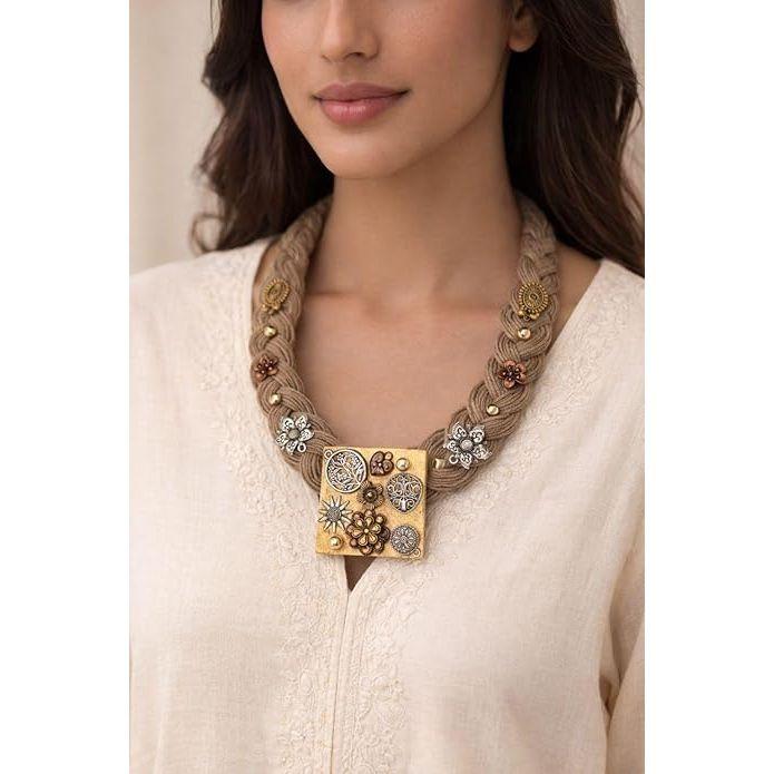 Jute Necklace with Square Metal Motifs, Braided Rope Design with Floral Embellishments