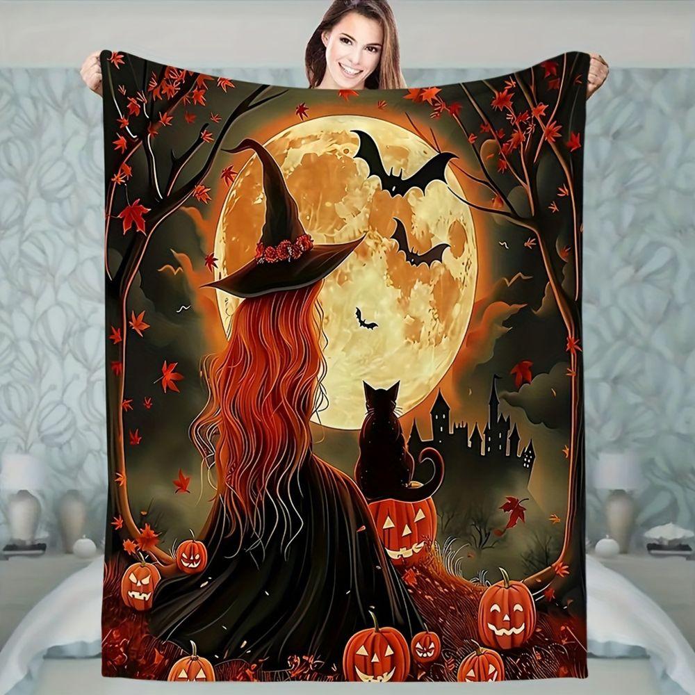 Gothic Witch Moon Halloween Printed Flannel Throw Blanket Soft Warm Bed Sofa Cover,Decorative Fleece Bedding Rug for Holiday Party Home Decor