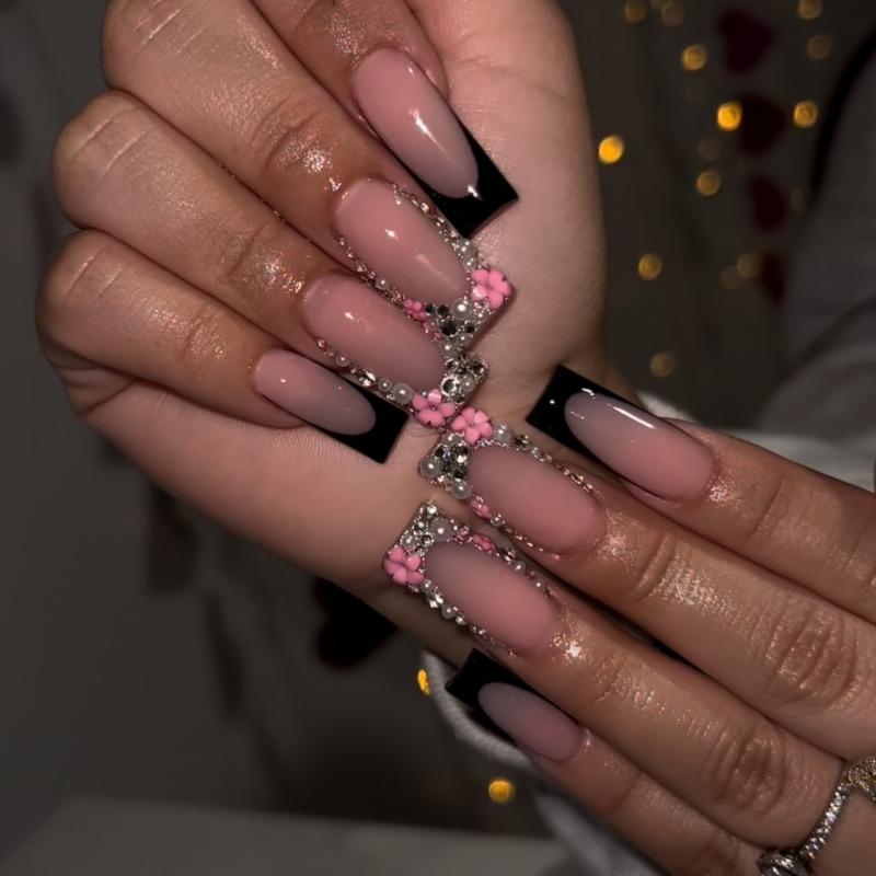 Noste Dlouhý Francouzský Ručně Dělaný Manikúrní Kousek Kamínkový Postupný Přechod Odnímatelná Nálepka na Nehty