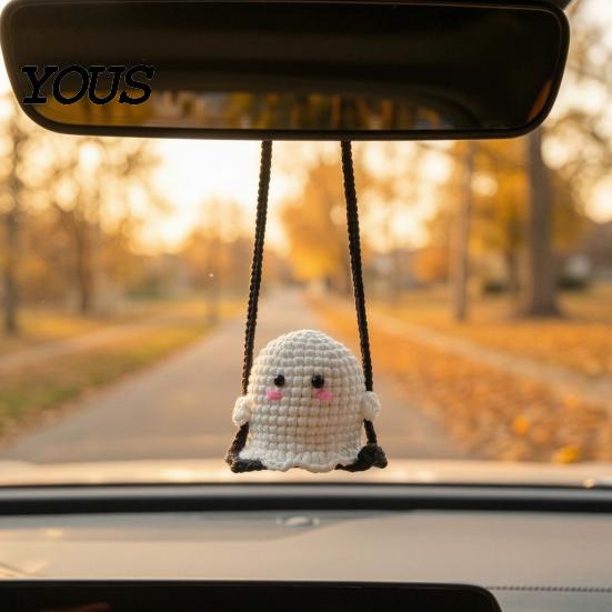 Handmade Aesthetic Car Decor Cute Crochet Ghost Ornaments, Mini Knitted Doll, Hanging Accessory Decorative Rearview Mirror for Auto Interior