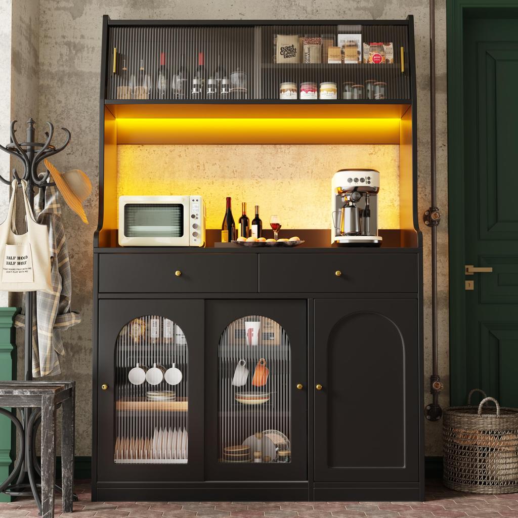 Küchenschrank Arbeitsplatte, Küchenbuffet Hochschrank 4 Schränke, 3 Schubladen, Verstellbare Ablagen, LED Weiß+Natürlich