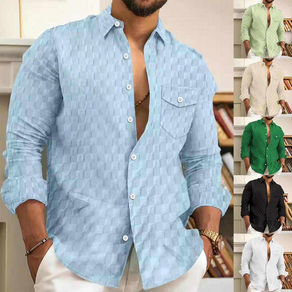 Men's Autumn Button-Down Casual Loose Plaid Solid Color Pocket Long Sleeve Shirt