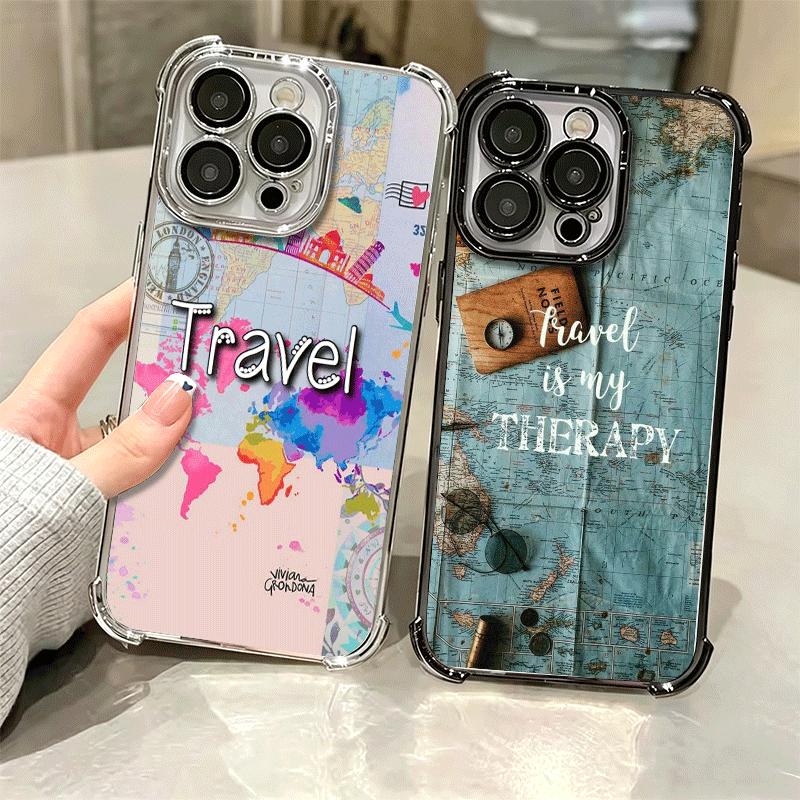 Travel Map Artistic Pattern Plating Phone Case For Iphone 16 17 Pro Max Air 16E 14 15 Plus 12 13 Mini Anti-Fall Airabag Cover