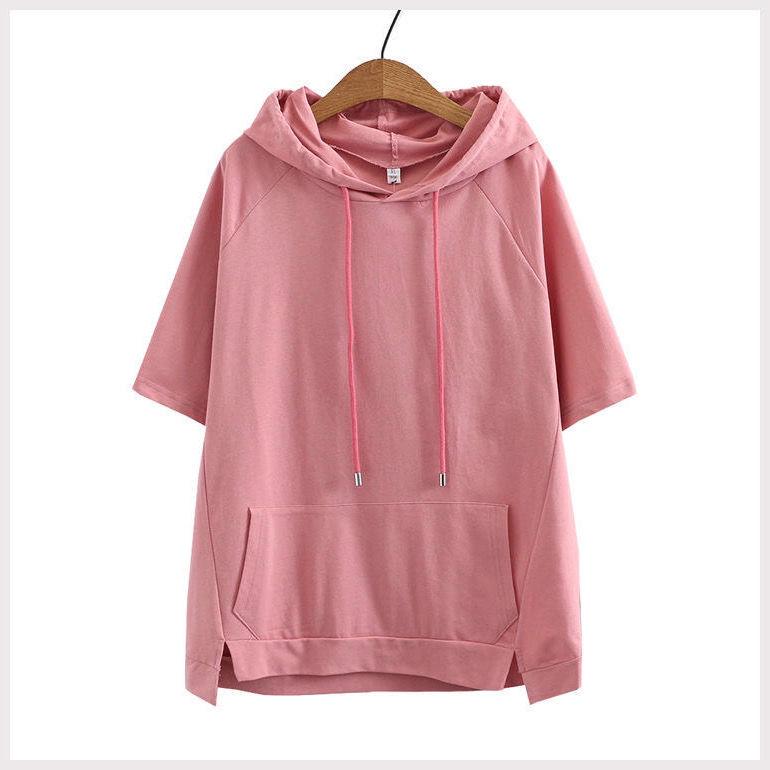 Cotton Plus Size Short-sleeved Hooded Sweater Women's Loose Summer Korean Version of The Trendy Thin Section Was Thin Western Style T-shirt