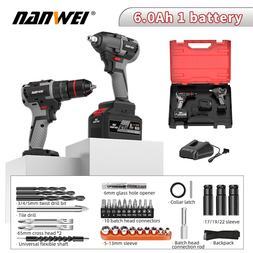 NANWEI 2 Piece 21V Brushless Motor Electric Wrench + Drill Tool Set