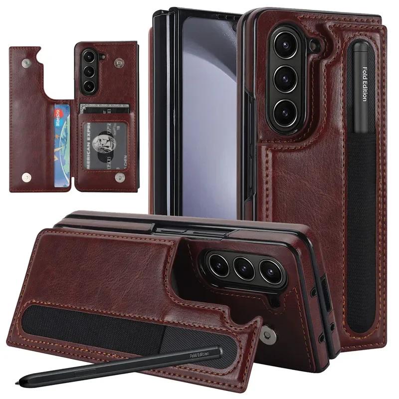 

Pen Slot Leather Wallet Card Phone Case for Samsung Galaxy Z Fold 7 6 5 4 3 Fold6 Fold5 Fold4 Fold3 Retor Flip Stand Cover Etui Samsung Z Fold 4