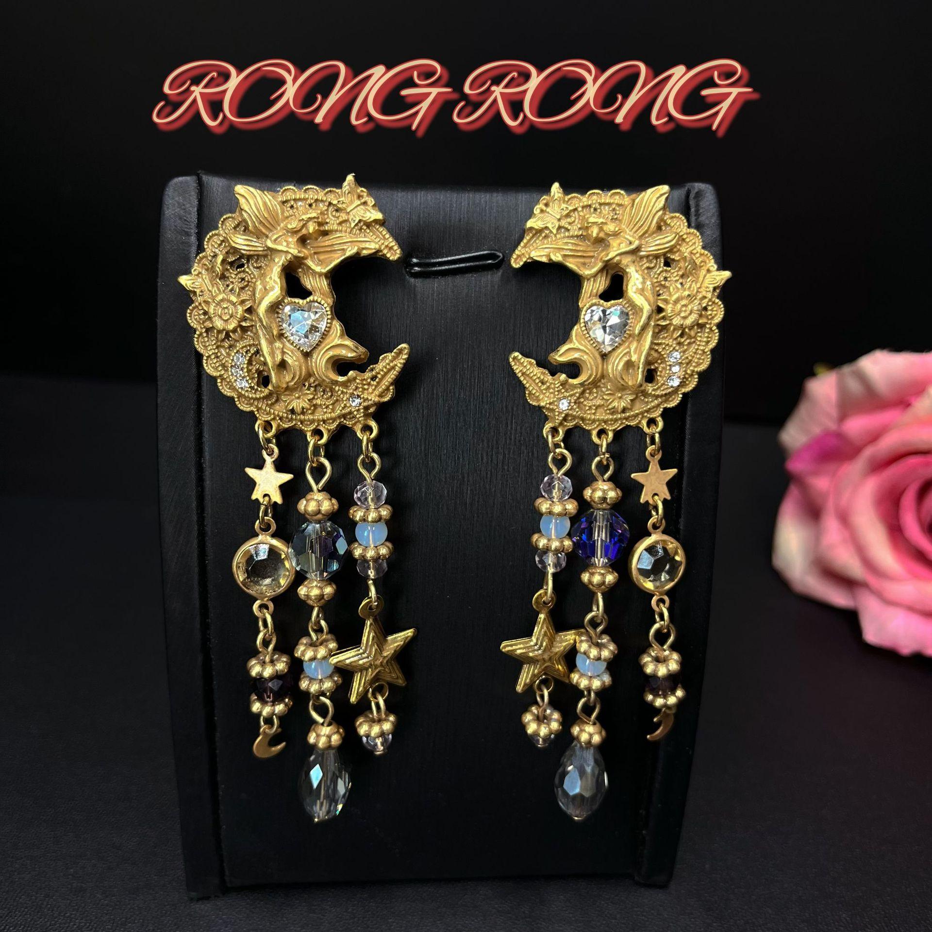 Средневековые высококачественные KF тяжелая промышленность изысканные золотые лунные ангельские серьги с бахромой ручной работы эмалированные антикварные серьги