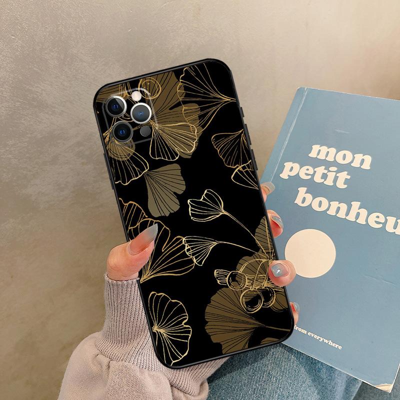 Ginkgo Leaf Gold Fol Art Case For iPhone 17 Air 16 15 14 13 11 12 Pro Max 13 mini XR 15 16 Plus 16e Back Cover Shell