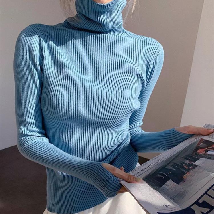 Knitted Sweater Women Korean Version Turtleneck Sweater Autumn Solid Color Pullover Slimming Interior Lapping Warm Basic Tops