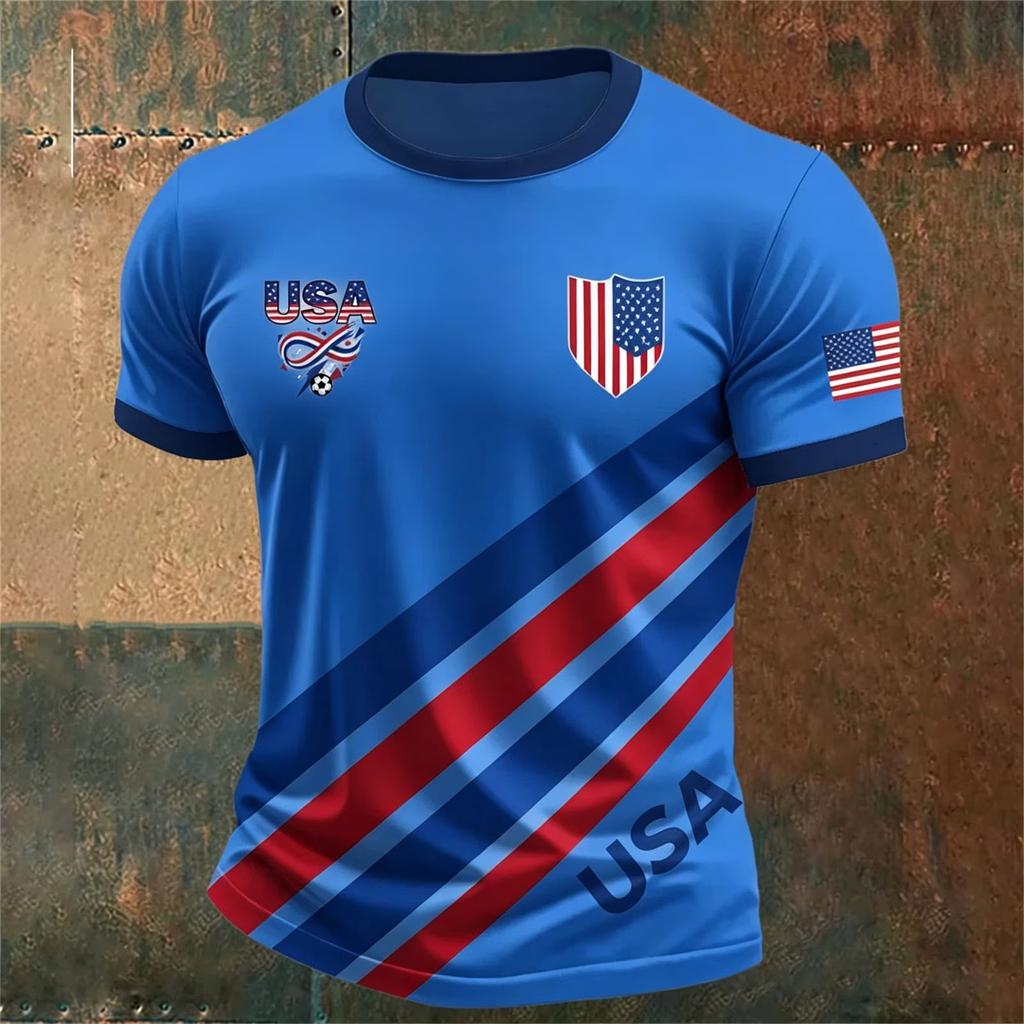 Men’s USA Football Print Crew Neck Classic Fit Short Sleeve T-Shirt with Striped Shield and Flag Design for Sports Fans