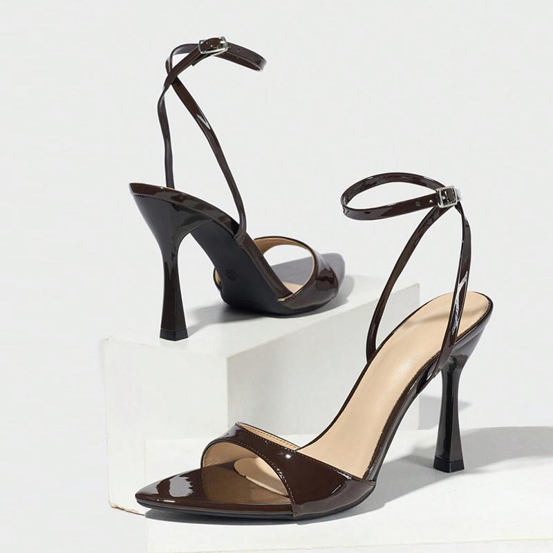 Καφέ Λουστρίνι Σανδάλια με Λουράκι στον Αστράγαλο Γυναικεία Μυτερά Ανοιχτά Δάχτυλα 10 ΕΚ Γκλαδιάντορ Ψηλά Τακούνια Καλοκαιρινά Παπούτσια για Μπανκέτα Πάρτι Χορού