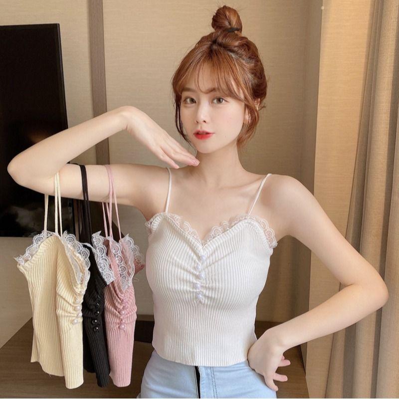 Lace Edge Sexy Camisole Vest Slim Fit Summer Knitwear Outer Wear Sleeveless Sweet and Spicy Base Layer Temperament Top
