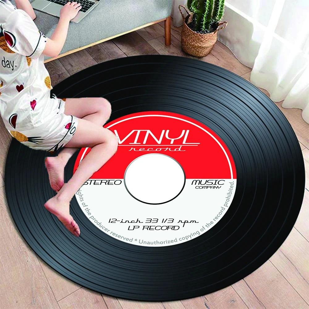 Runder Teppich mit klassischer Musik-Schallplatte, Teppiche für die Dekoration von Wohnzimmerstühlen, weiche, rutschfeste Bodenmatte zum Spielen für Kinder